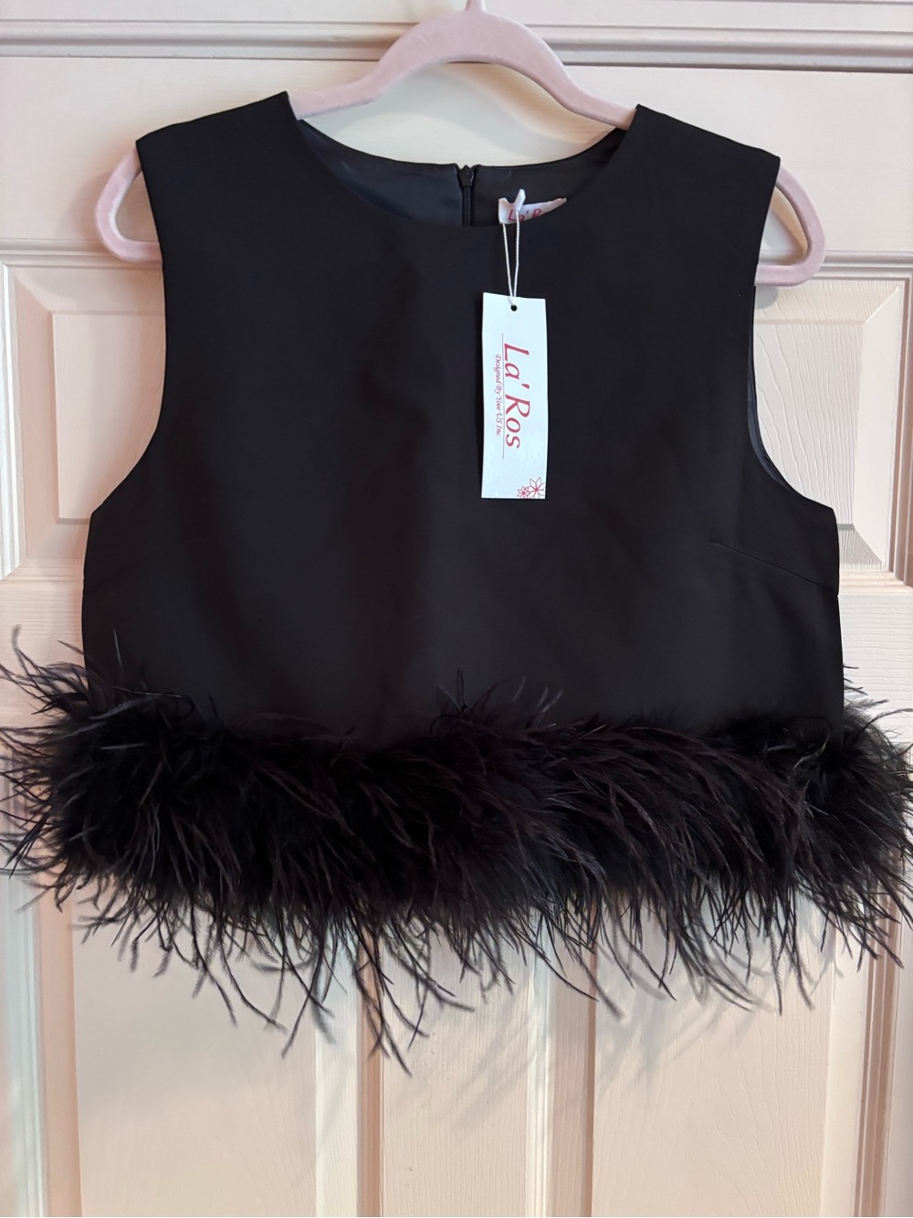 Black Feather-Trim Cropped Shell